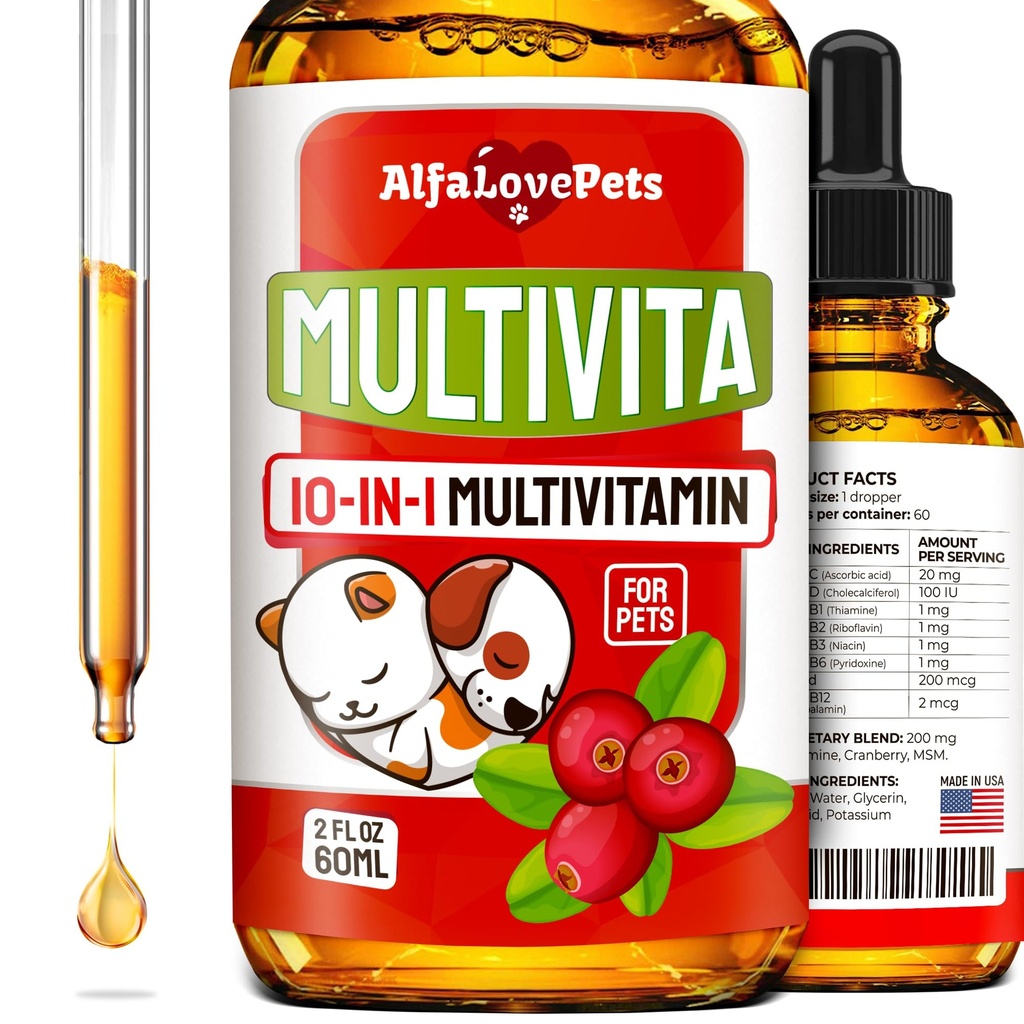 Multivitaminico liquido per cani – Cat Multivitaminici per gatti interni – 10-in-1 Liquid Dog Vitamine B Complex, C, D3 – Digestione, Urinazione, Hip & Joint, Skin & Coat – Cranberry Flavor – 2 Oz