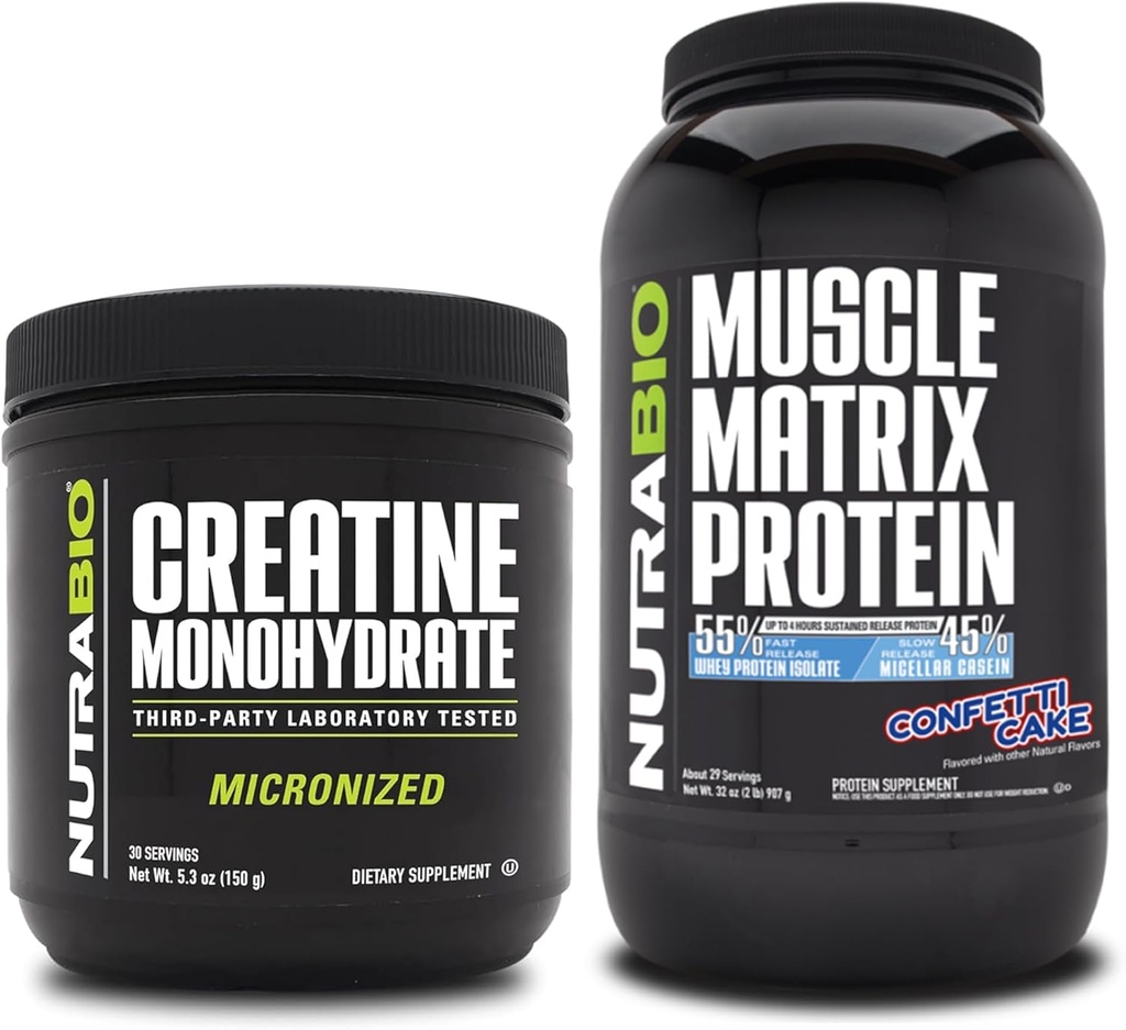 NutraBio Creatina monoidrato, non aromatizzato, (150 g) e polvere proteica matrice del muscolo, (Cacca di coriandoli) supplemento Bundle – energia muscolare, crescita massima, recupero e resistenza