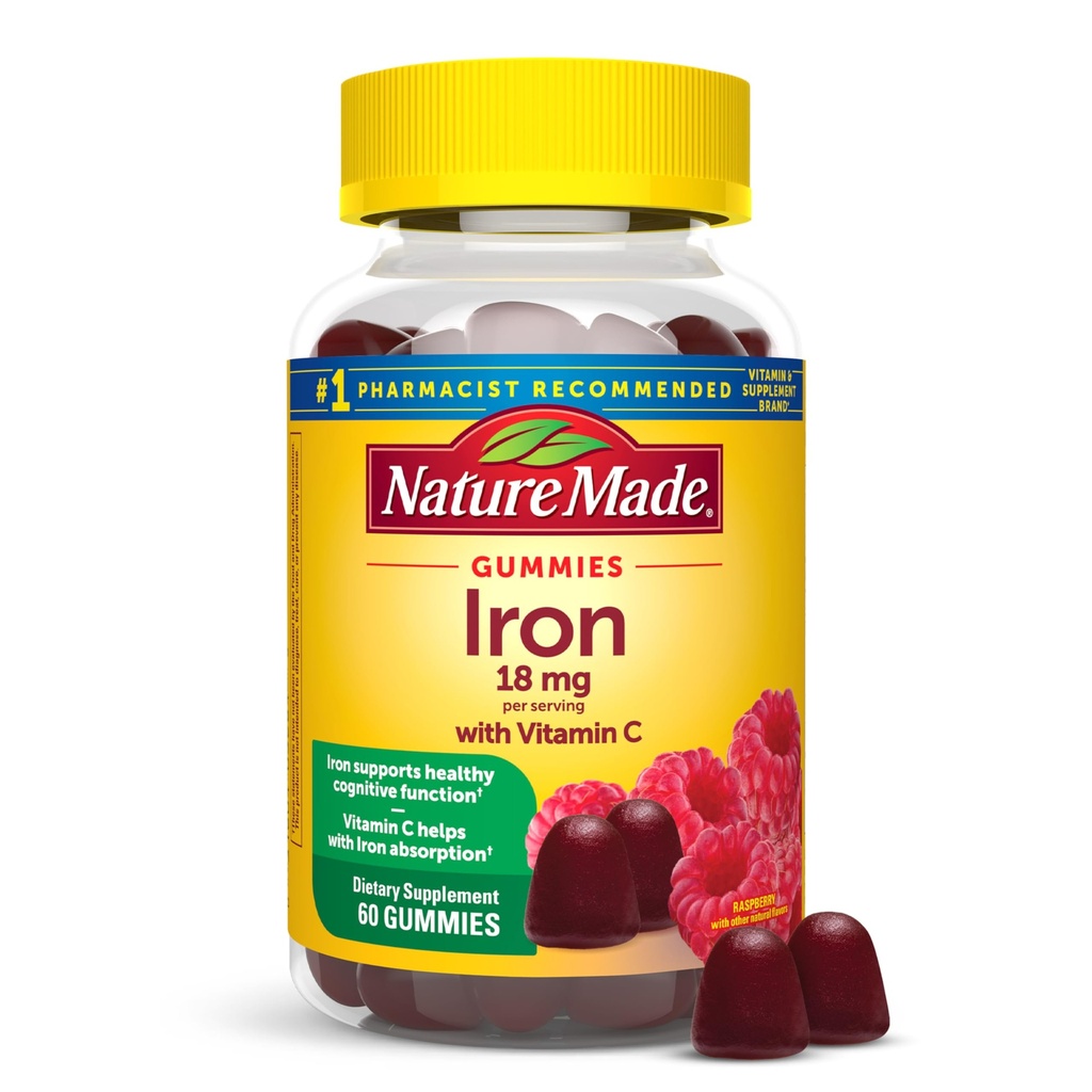 Natura fatta ferro 18 mg per porzione con vitamina C, supplemento dietetico per il supporto di globuli rossi, 60 Gummies, 30 giorni di alimentazione