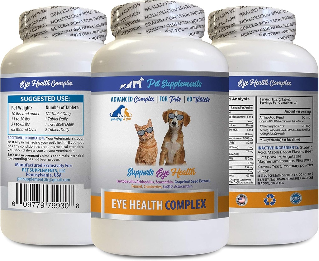 Dog Eye Vitamins - PET Eye Health Complex - Dogs and Cats - Supports Eye Vision - astaxantina per cani, Eye Vision Supplement per cani e gatti, Eye Health Vitamins Lutein e zeaxantina 1Bot 60Tabs
