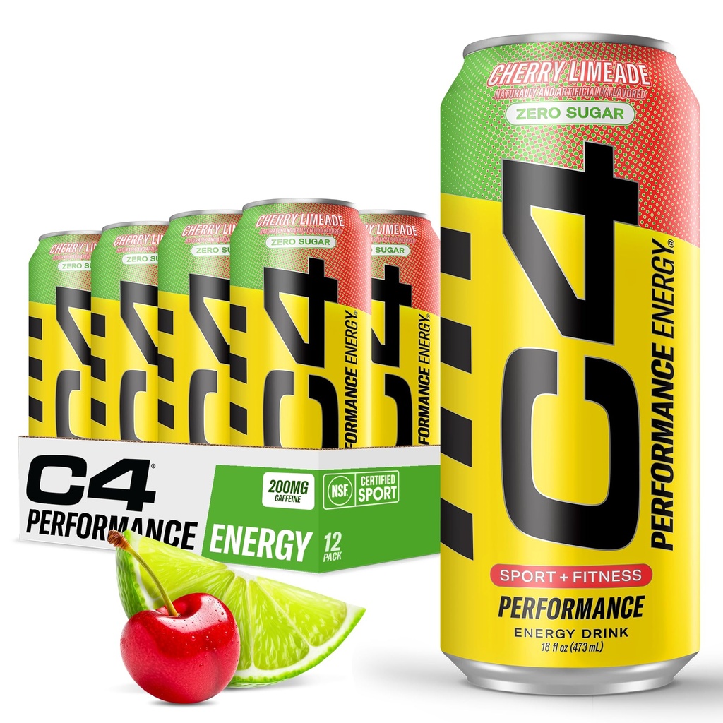 C4 Original Sugar Free Energy Drink 16oz (Pacchetto di 12) | Cherry Limeade | Pre Workout Performance Drink with No Artificial Colors or Dyes