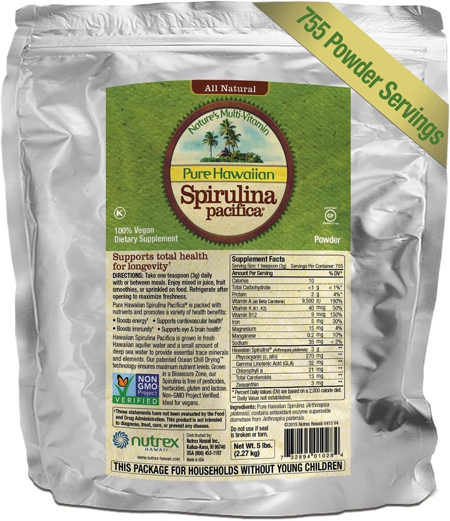 Pure Hawaiian Spirulina Polvere 5 lb Bulk Bag – Aumenta l'energia e supporta l'immunità – Vegan, Non OGM – Superfood naturale coltivato alle Hawaii