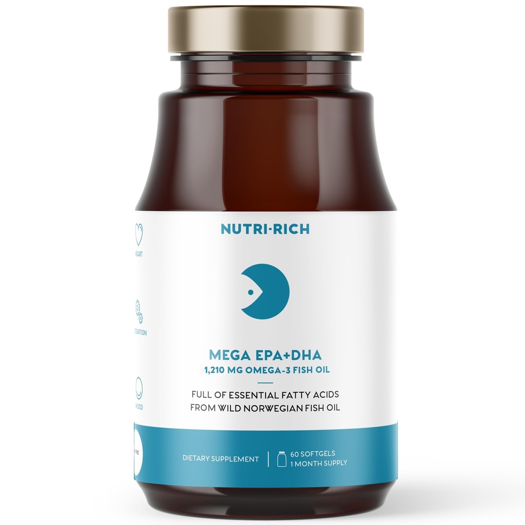 Nutri-Rich Omega-3 Fish Oil 1210mg – EPA & DHA per il cuore, il cervello e la salute comune – Burp-Free, il sapore di limone, Gluten & Soy Free, Testato di terze parti (60 Softgels)
