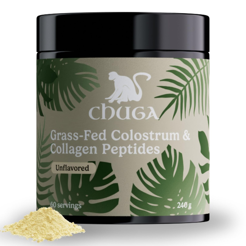 Chuga Grass Fed Colostrum & Collagen Peptides 60 Servings | Migliora capelli e chiodi | Pelle di Glowing | Rafforzamento della parete Gut