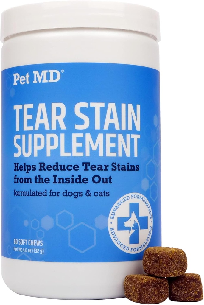 Pet MD Tear Stain Remover for Dogs & Cats - Antiossidante Eye Care Supplement con Lutein, Cranberry, & Omega 3 & 6 - Cat & Dog Tear Stain Remover Chews for White & Light Fur - 60 ct