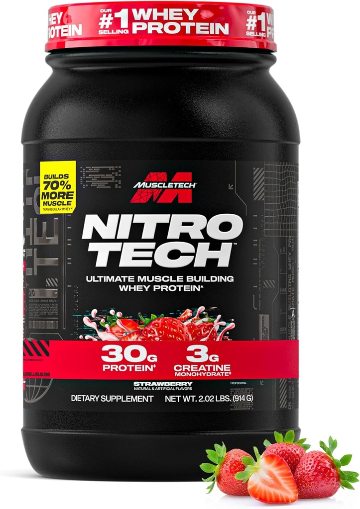 Muscletech Whey Protein Powder (Strawberry, 2.2 Pound) - Nitro-Tech Ultimate Muscle Building Formula con Whey Protein Isolate - 30g di Protein, 3g di Creatine & 6.8g di BCAA - Packaging May Vary