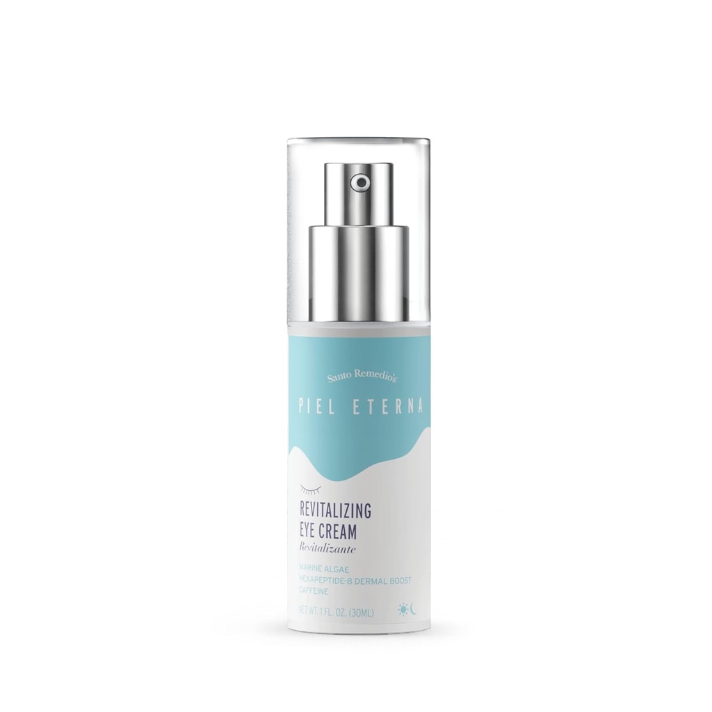 Santo Remedio, Piel Eterna, Crema per occhi rivitalizzante, Crema per occhi illuminante, Aiuta a ridurre i cerchi scuri, Contiene Alghe Marina, Caffeina, Aloe, Acido ialuronico, Vitamina E, Per tutti i tipi di pelle, 1 Fl. Oz.