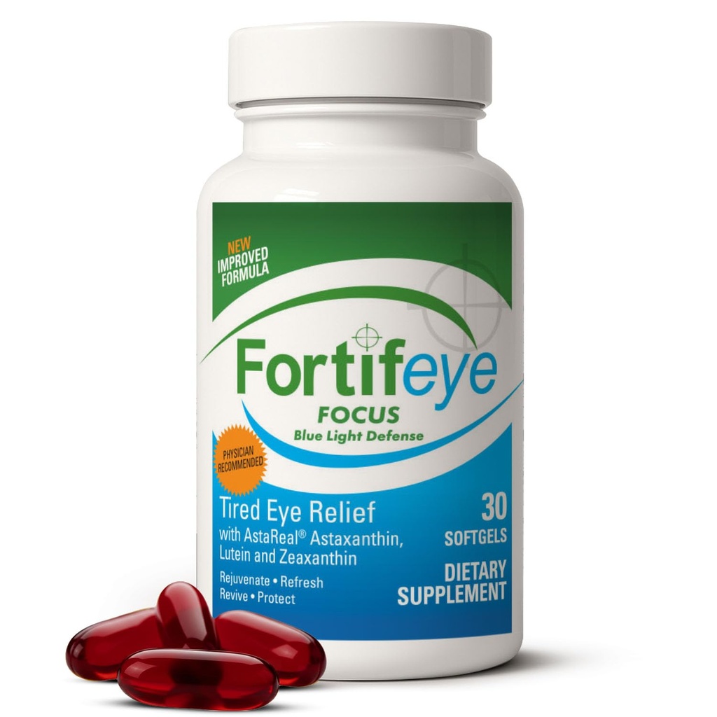 Fortifeye Focus Eye Care Supplement 30 Softgel Capsules - Triple Carotenoide Compresi Astaxantina, Luteina e Zeaxanthin Integratori, Vitamine Occhiali, Supporta Occhi Fatigue e Protezione Blu della Luce