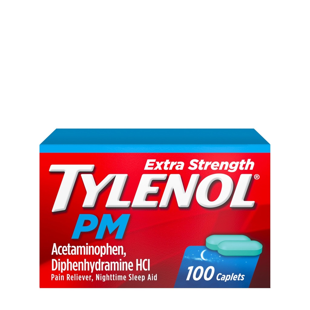 Tylenol PM Extra resistenza notte dolore & sonno Caplets, 500 mg Acetaminophen & 25 mg Diphenhydramine HCl, Rilievo per i dolori di notte & Pains, Non-Habit Forming, 100 ct