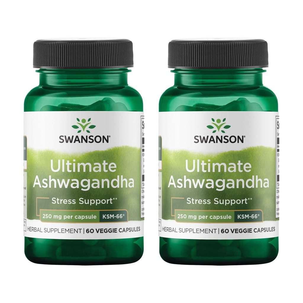 Swanson Ultimate Ashwagandha KSM-66 - Integratore a base di erbe Sostenere Livelli di stress sano e rilassamento - Formula naturale per promuovere una mentalità calma e rilassata - (60 capsule vegetali, 250 mg ciascuno) (2 Confezione)