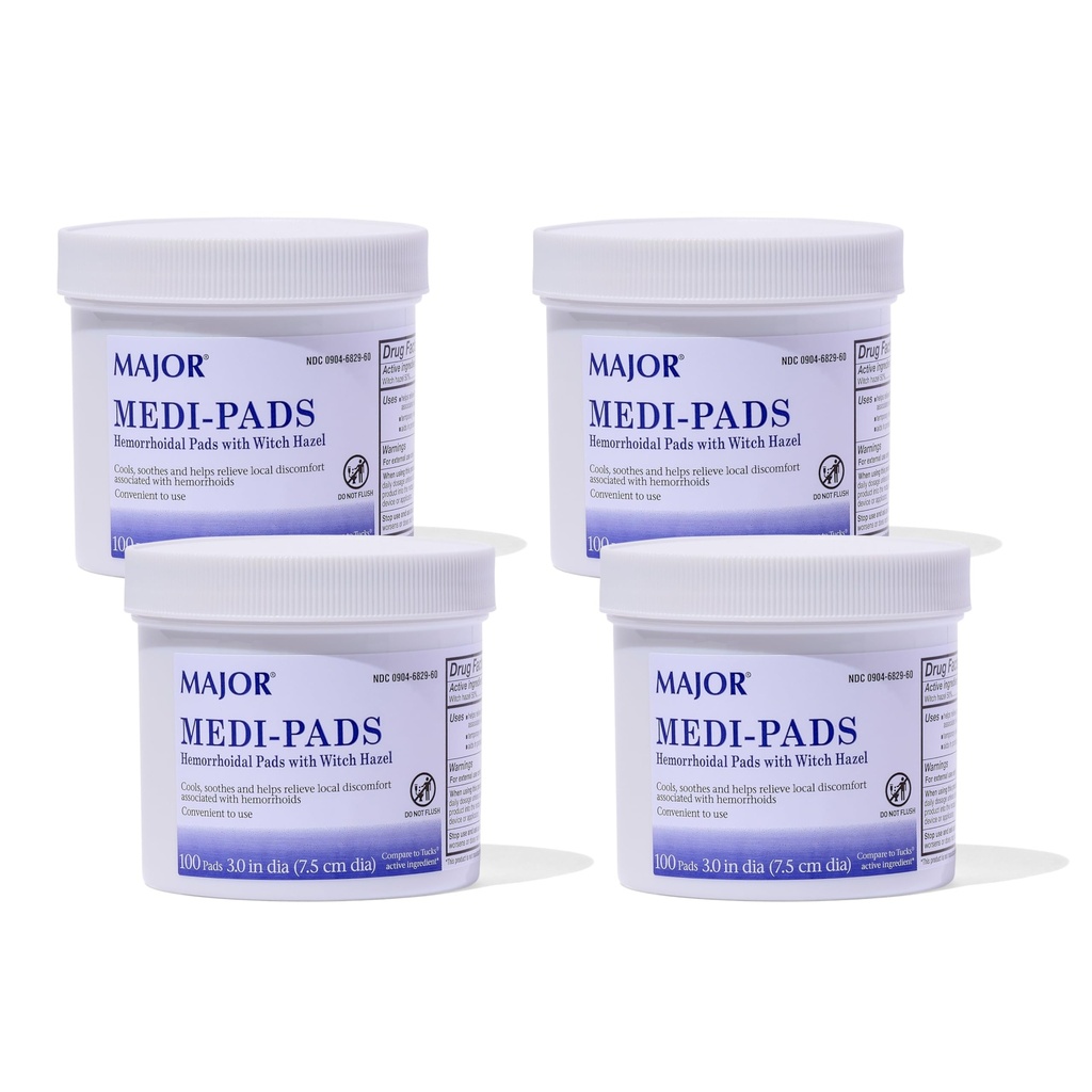 MAJOR Medi-Pads - Hemorrhoidal Hygienic Cleansing Witch Hazel Pads - Cooling Relief with Aloe - 100 Count Jar (4 Pack)