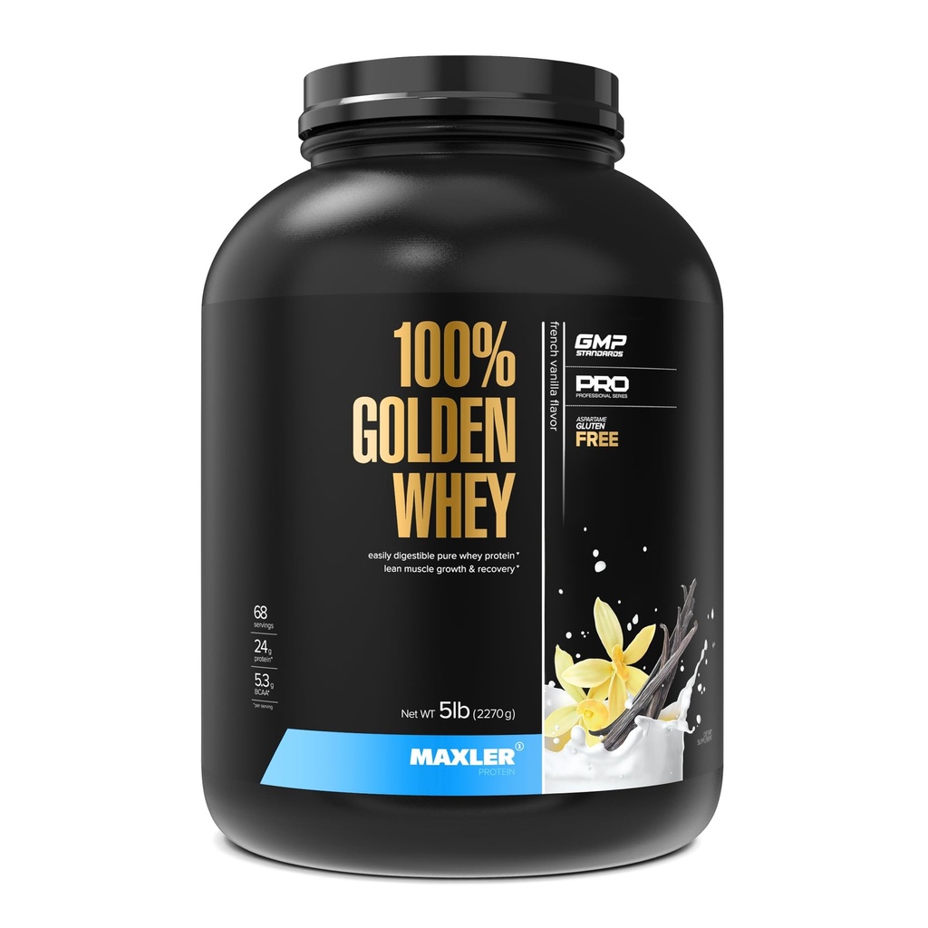Maxler 100% Golden Whey Protein - 24g di Proteine per Serving - Polvere di proteina di siero Premium per l'allenamento pre post - miscela di idrolizzato di isolamento del siero di rapido assorbimento del siero di latte - proteina francese Vanilla 5lb