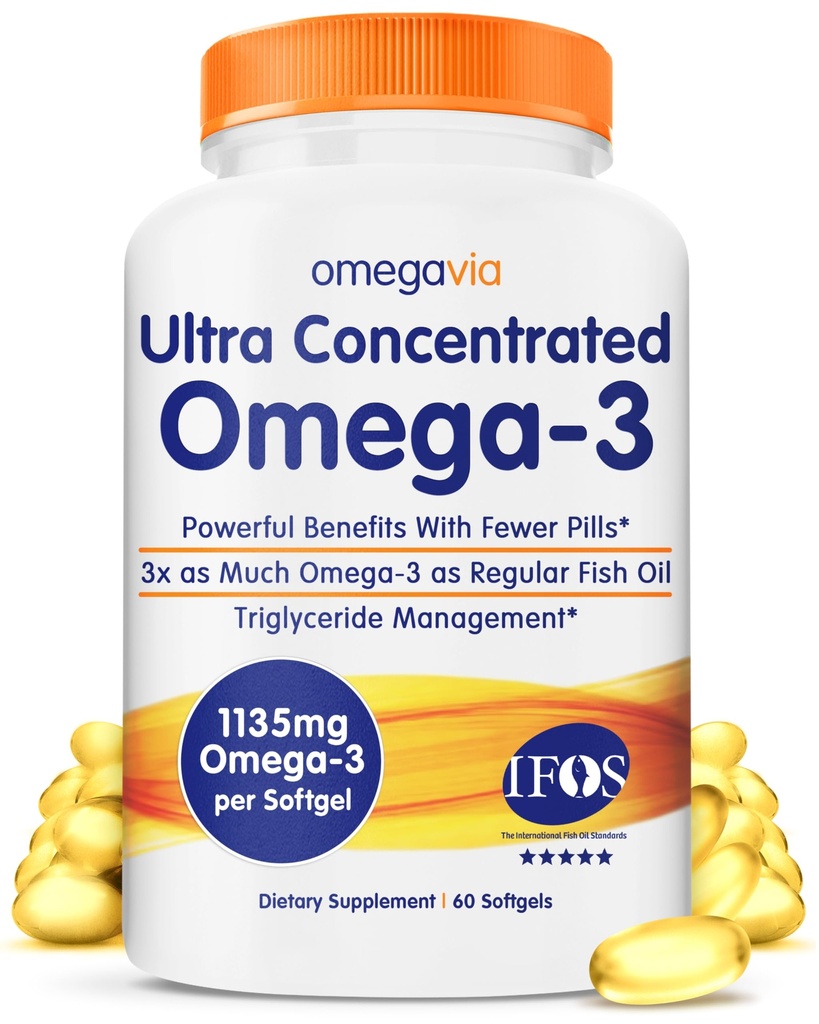 OmegaVia Ultra Concentrato Omega 3 Fish Oil Burpless, 60 Softgels, Triple Strength Omega 3 Fish Oil Supplementi, 1135 mg Pure Omega3, No Fishy Burps, High EPA DHA DPA, IFOS 5-Star