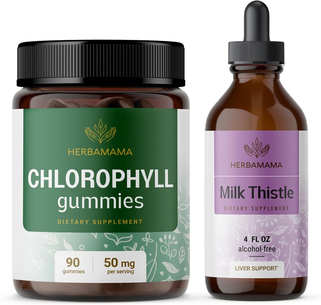 HERBAMAMAMA Kit clorofilla e cardo al latte - Bundle di 50 mg Gummie di clorofilla e estratto di cardo Tincture 4 fl oz - Vegan, Non OGM, Sugar & Alcohol-Free - 2 Pack