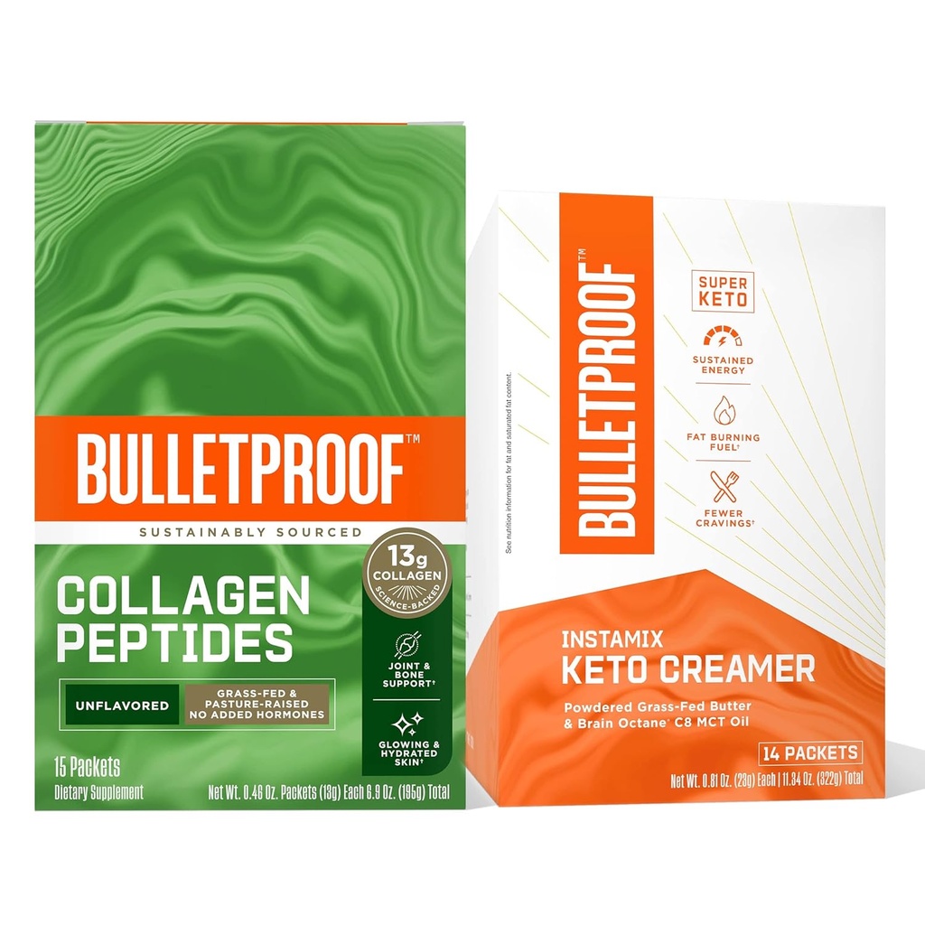 Caffettiera antiproiettile - InstaMix Keto Coffee Creamer con Grass-Fed Ghee e olio MCT, 14 Pack & Unflavored Collagen Protein con 13g Peptidi di collagene per pelle, ossa e giunti, 15 Pack