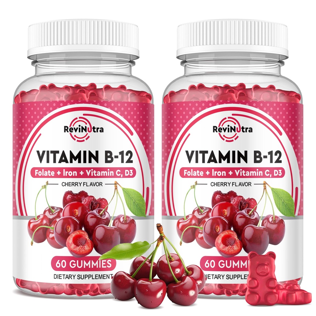 Vitamina B12 Gummies - 5000 mcg Methylcobalamin con ferro, vitamina C, D3 & Folate, supporto energetico e metabolismo, Immune, B-12 supplemento di masticabile complesso per uomini e donne, 120 conte, 2 confezione