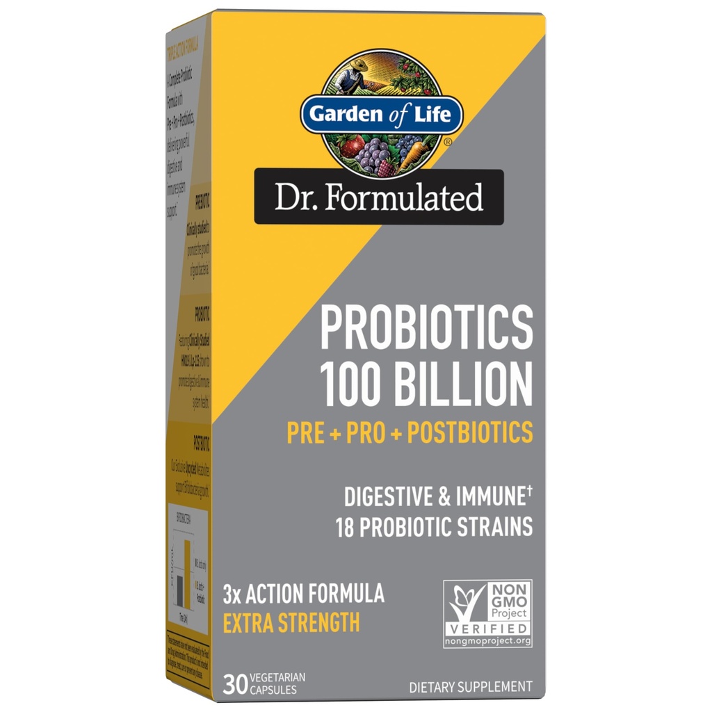 Giardino della vita Dr Formulated Probiotics 100 miliardi di CFU Pre + Pro + Postbiotici - Supporto Extra Forza Digestivo & Immune per Uomini e Donne, Patata, Acacia, Metaboliti Postbiotici, 30 capsule