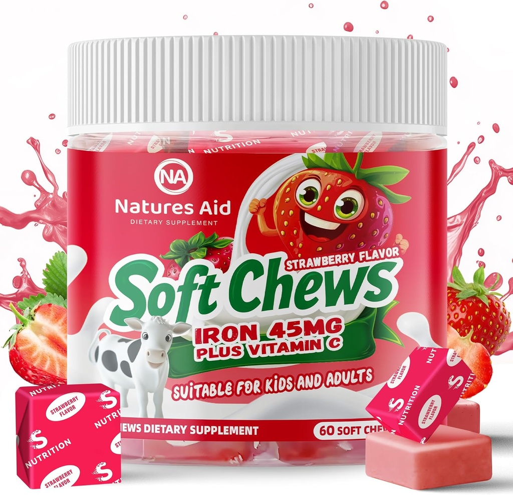 Chewable Iron Supplement per le donne e i bambini - Fragola Flavor, Ferro vitamina C Soft Chew per Max Absorption, Ferro come Fumarate Ferroso, Ideale per la carenza di ferro, Alimentazione di 2 mesi
