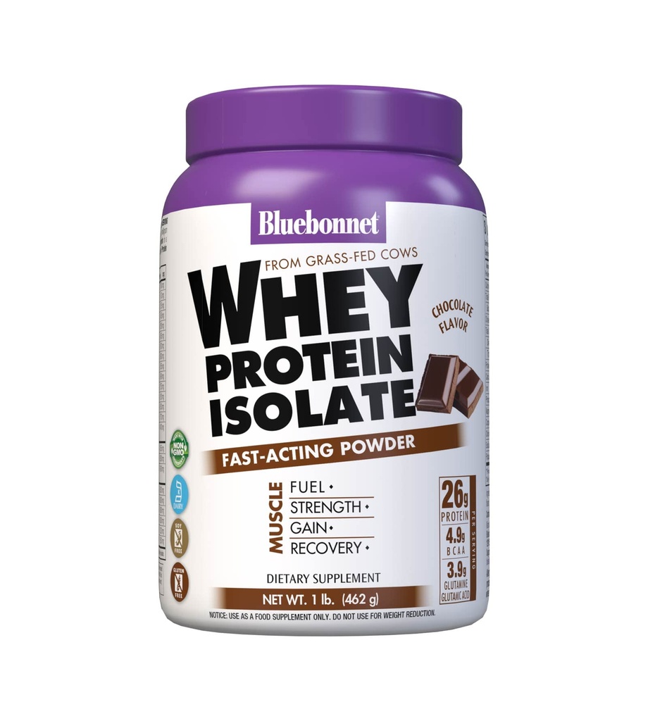 Bluebonnet Nutrition Whey Protein Isolate Powder, Whey From Grass Fed Cows, 26g of Protein, No Sugar Aggiunto, Gluten Free, Soy free, kosher Dairy, 1 Lb, 14 Servings, Chocolate Flavor