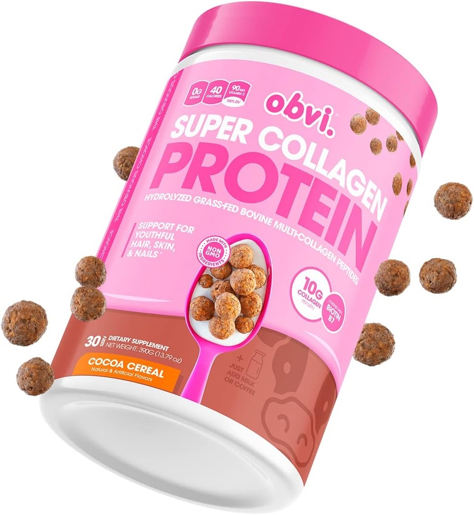 Obvi Multi-Collagen Super Protein Powder (Chocolate Cereal, 14 Oz) | Keto-Friendly, Gluten and Dairy Free | Peptidi di collagene a base di erba idrolizzata-Fed Bovine | Supporta la salute del fegato, capelli caldi, pelle, unghie