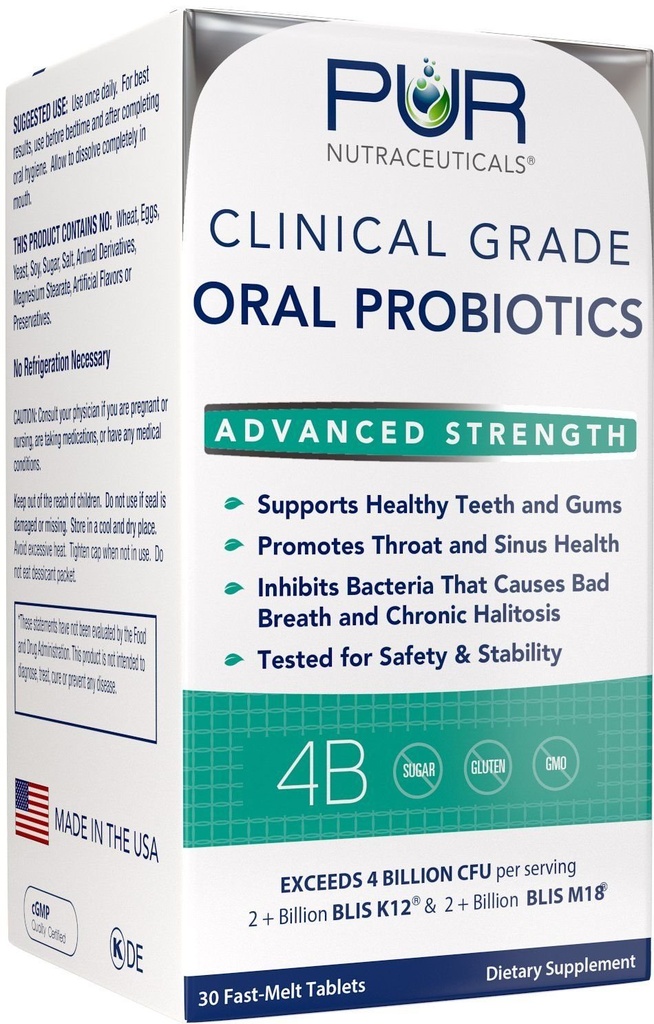 Probiotici orali del grado clinico * 4 miliardi di CFU di BLIS K12® & BLIS M18® * Zucchero Libero * Natural Peppermint Aromaing * 100% Made in the USA * Elimina il cattivo respiro/alitosi