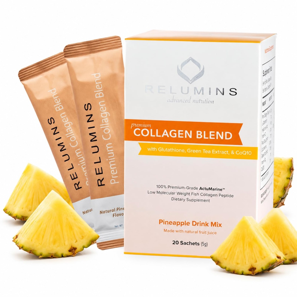 Relumins Marine Collagen Powder Drink Mix - Peptide di collagene con Glutathione, Tè verde, CoQ10, & Acido ialuronico Boosts Glowing Skin - 100 Sachets di polvere x Ananas aromaed + 10 Sachets gratuiti
