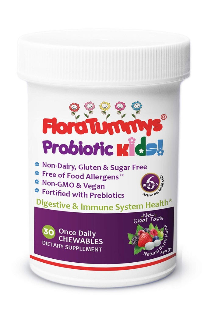 FloraTummys Kids Chewable Probiotics Prebiotics: Non-Dairy, Gluten & Sugar-Free, Peanut & Soy Free, Non-GMO, Tested & Free of Food Allergens, Vegan, Kosher, Berry Flavor(1 Bottiglia)
