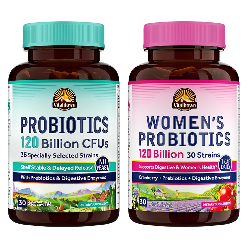 Vitalitown Probiotic Bundle (Pack of 2) | Probiotics 120 miliardi di CFU (Item 1) & Probiotics femminile (Item 2) | Shelf Stable, Once Daily | Gut, Immune, Vaginal Health | 60 capsule | 30 giorni di alimentazione