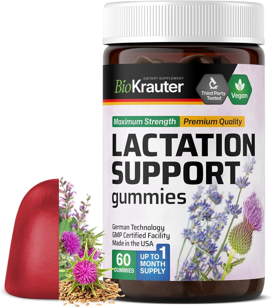 BIO KRAUTER Lactation Support Gummies - 60 Chews - Integratore naturale di lattazione - Goats Rue, Fenugreek, Estratto di cardo del latte - Integratori di allattamento al seno vegan