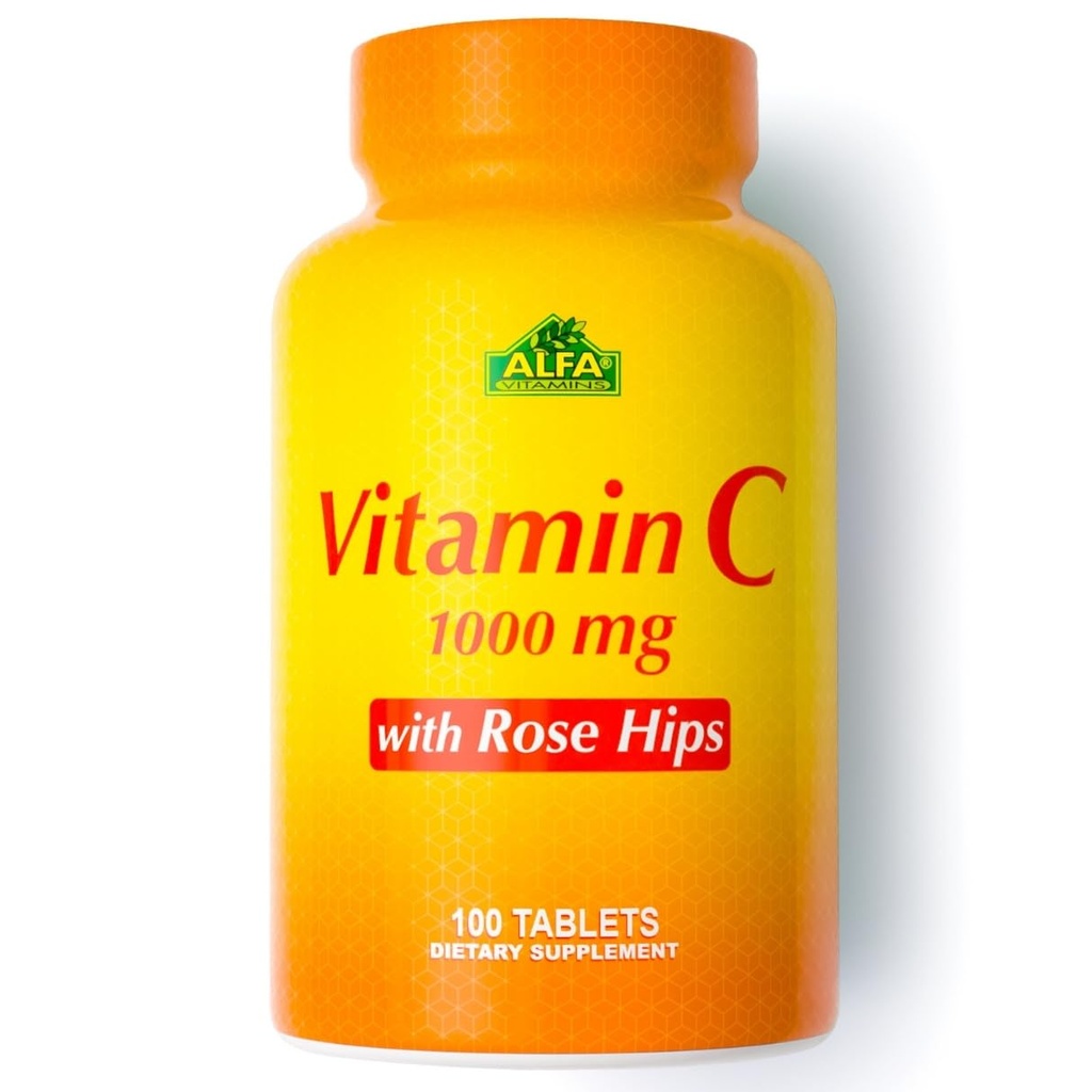 ALFA VITAMINS Vitamina C con HIPS Rose con 1000 mg Vitamina C per Serving - Antiossidante & Supporto immunitario + Supporti Pelle sana & Giunti - Non OGM, Vegan, Gluten Free, Dairy Free - 100 Tavole