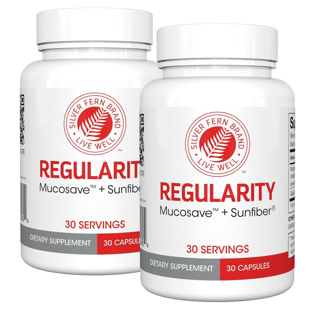Silver Fern Brand Regolarità Supplemento digestivo - 2 bottiglie = 60 capsule = 60 giorni di alimentazione - Mucosave FG (Prickly Pear Polysaccharides & Olive Leaf Polyphenols) & SunFiber