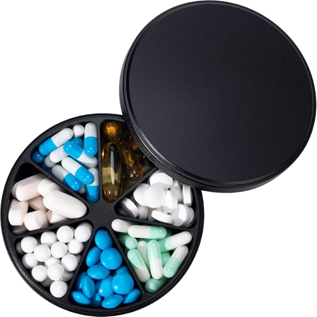 Metal Pill Dispenser Pill Organizer con 7 scomparti - Heavy Duty Anti-Mix Pill Container, Grande impermeabile scatola Pill Case per Vitamina, Medicina, Supplemento, Fish Oil, 0.39lb (nero)