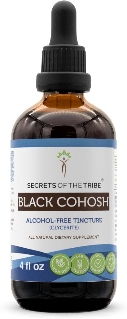 Segreti della Tribe Black Cohosh Tincture Alcohol-Free Extract, High-Potency Herbal Drops, Tincture Made da Responsibly farmed Black Cohosh (Cimicifuga Racemosa) Dried Root 4 oz