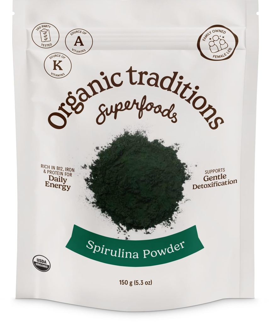 Organic Traditions Organic Spirulina Powder Vegan Non-GMO Superfood, 5.3oz (150g) Bag, 50 Serve per Bag