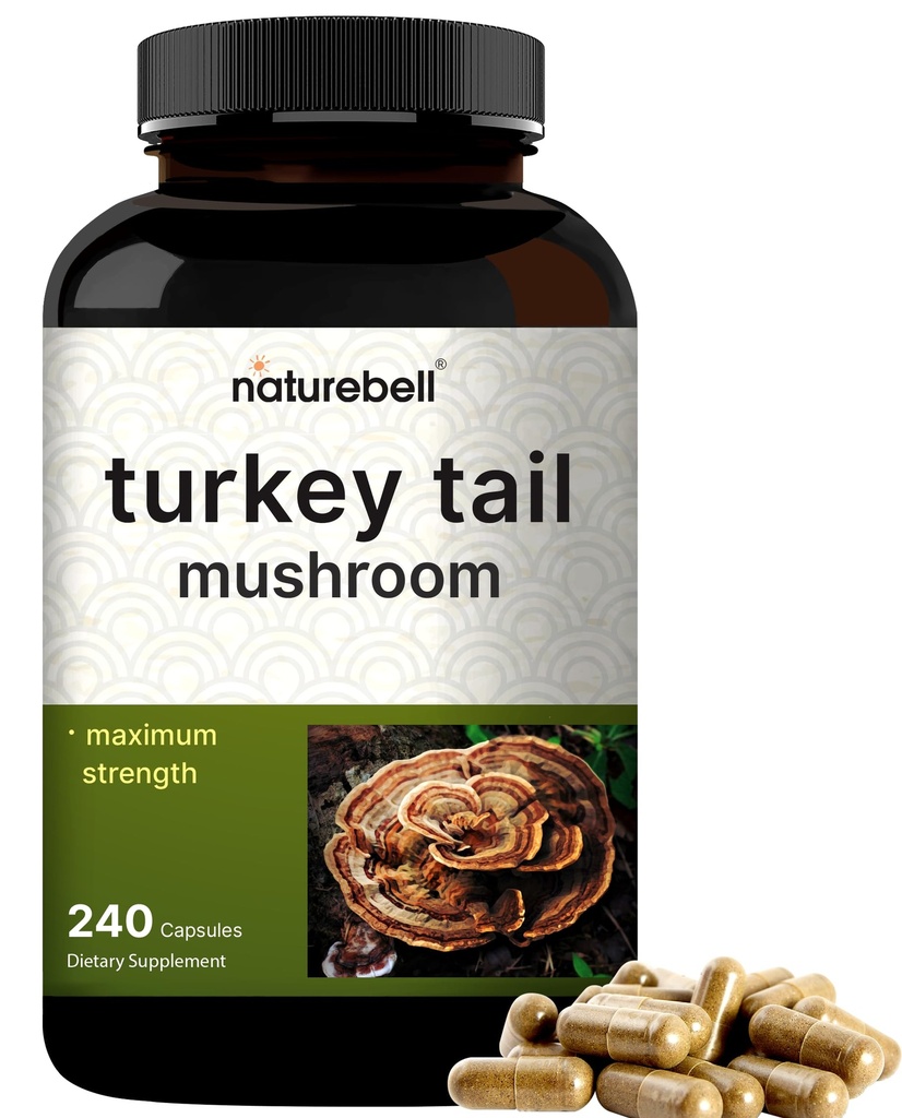 NatureBell Turkey Tail Mushroom Capsule 15,000mg Per Serving, 240 Count | 25:1 Fruiting Body & Mycelium Extract – Immune & Brain Health Mushrooms Supplement.