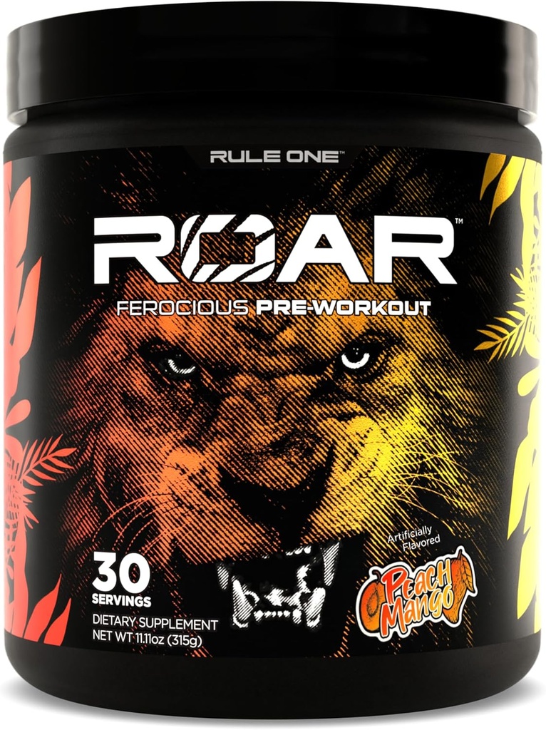 Regola 1 R1 Roar - Polvere pre-allenamento con Creatina, Beta-Alanina, Citrullina, Elettroliti e Caffeina (30 Serve, Peach Mango)