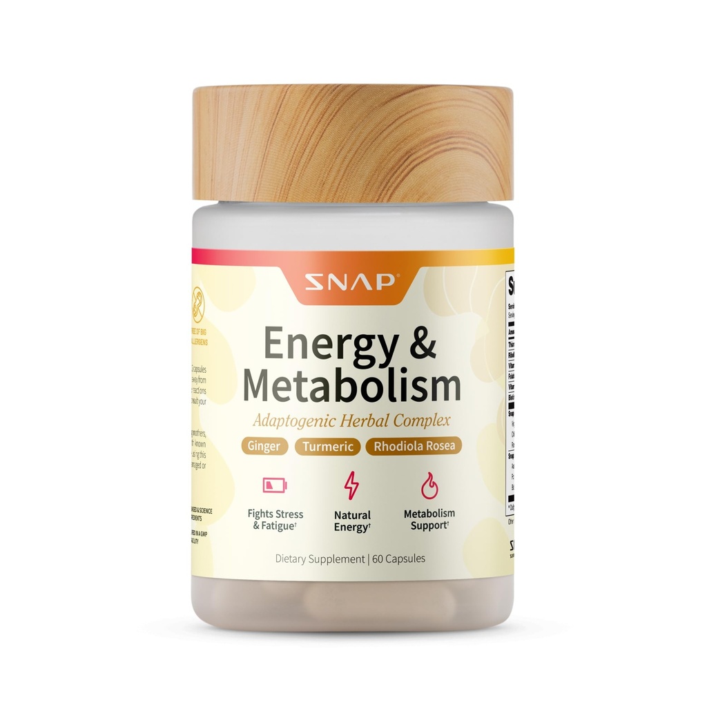 Snap Supplements Energy & Metabolism Herbal Complex for Fatigue, Stress Relief, Energy Booster & Better Mood, Energy Pills for Women & Men, 60 Capsule (30 Servings, 1 Mese di Alimentazione)