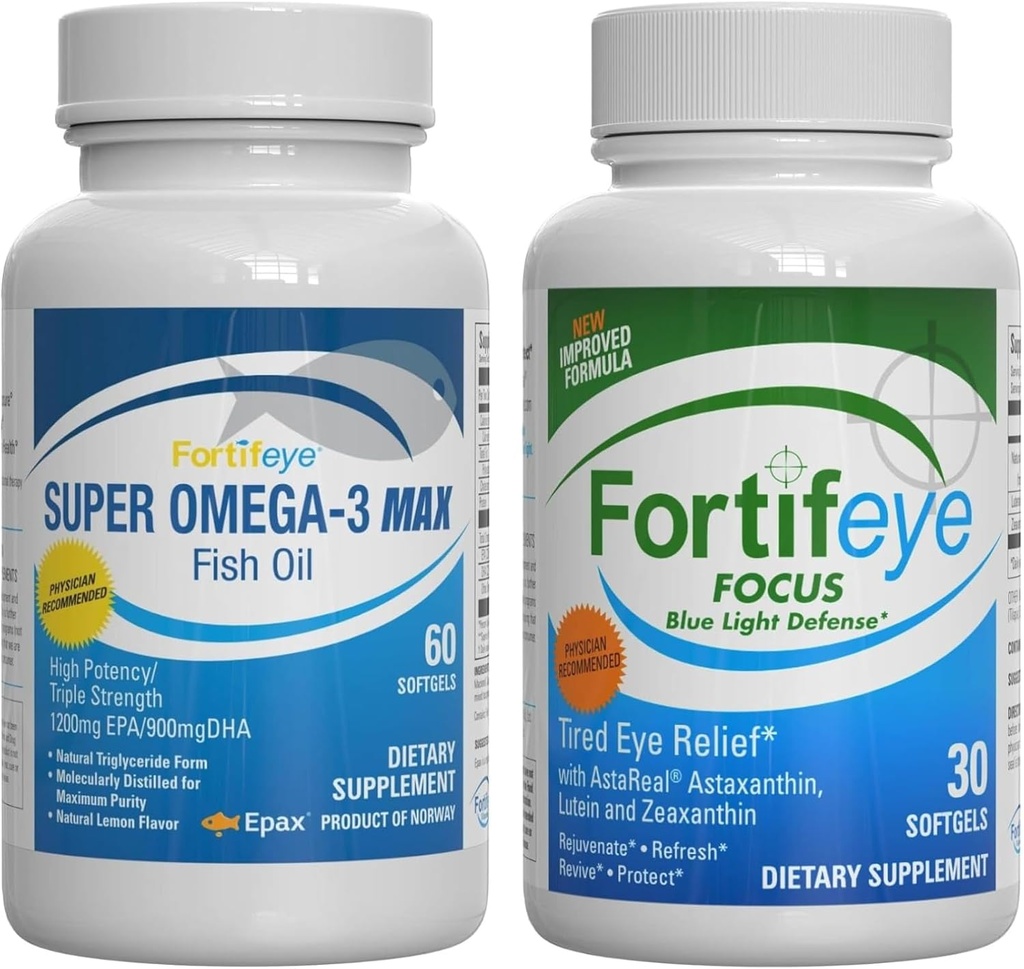 Fortifeye Blue Light and Heart Health Support Bundle | Super Omega-3 Max Fish Oil, 60 Softgels, e Focus Blue Light Defense, 30 Softgels