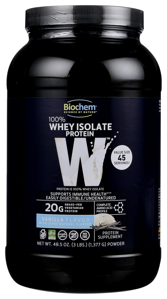Biochem 100% Whey Isolate Protein Powder, Vanilla Flavor, 20g Grass-Fed Protein, Keto Friendly, Gluten Free, Facilmente Digeribile, Vegetariano, 48,5 oz, 45 Servings