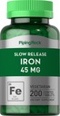 Piping Rock Iron Supplemento 45 mg | 200 compresse | per le donne e gli uomini | Slow Release Ferrous Sulfate | Vegetariano, Non OGM & Gluten Free
