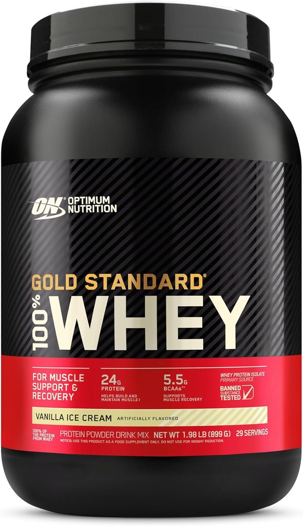 Optimum Nutrition Gold Standard 100% Whey Protein Powder di Whey Isolates, Vanilla Ice Cream - 2 Pound