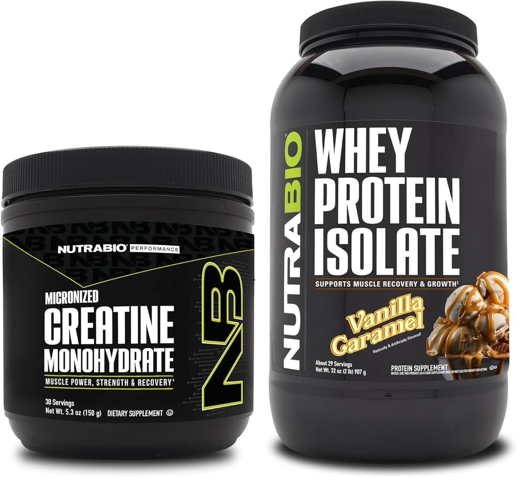 NutraBio Creatina monoidrato, non aromatizzato, 150g e proteine del siero isolato, Vanilla Caramel, supplemento Bundle - energia muscolare, crescita muscolare magra, recupero e resistenza
