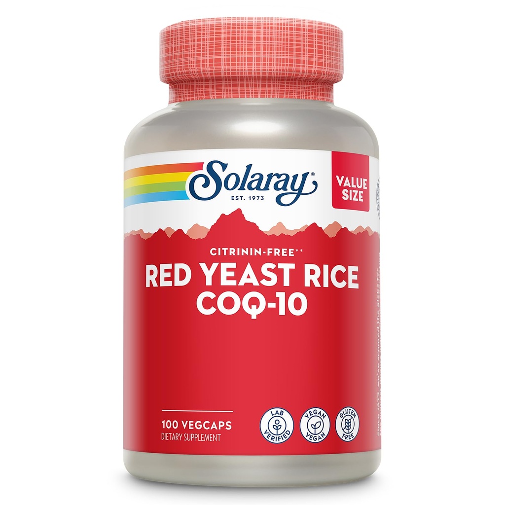 SOLARAY Red Yeast Rice Plus CoQ-10 & No-Flush Niacin Vitamina B-3, cuore sano & supporto cardiovascolare, non irradiato & Citrinin Free, 60 giorni di denaro indietro Garanzia, 100 Serve, 100 VegCaps