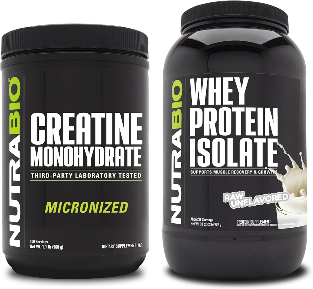NutraBio Creatina Monoidrato, Unflavored, 500g e Whey Protein Isolate, Unflavored, Supplement Bundle - Muscle Energy, Lean Muscle Growth, Recovery, and Strength