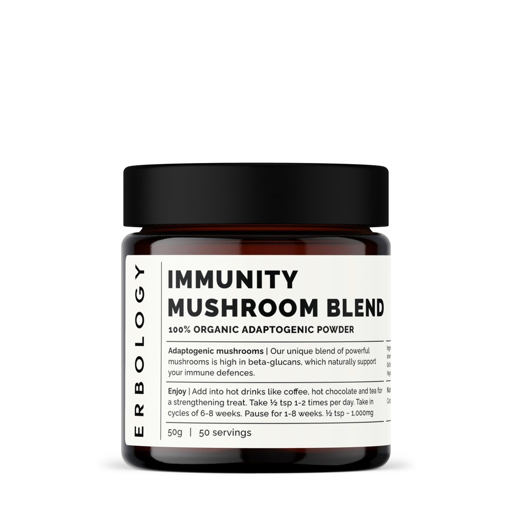 Erbologia Organic Immunity Mushroom Complex 50 Servings - High in Beta-glucans - Reishi, Cordyceps, Lion's Mane, Turkey Tail - Sostenibilmente Cresciuto in Europa - Vegan - Non-GMO - Nessun Filler Aggiunto