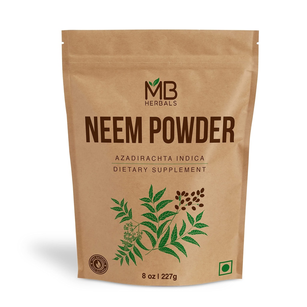Polvere di neem puro di erbe di MB 8 oz | 227 Gram / 0.5 LB polvere di foglie di neem selvatica pura | Supplemento per pelle e capelli | Azadirachta Indica
