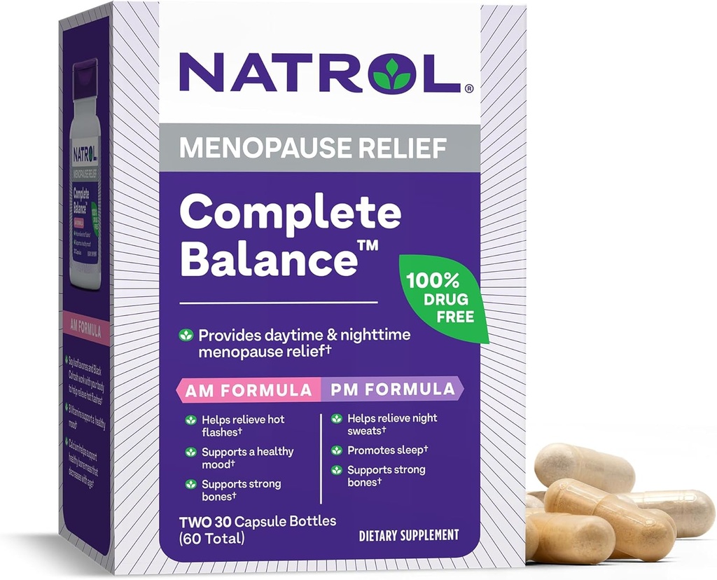 Natrol Equilibrio completo, Integratore alimentare per Menopausa Rilievo, A.M./P.M. Menopausa Rilievo per le donne, 60 capsule, Fino a un 30 giorni di alimentazione
