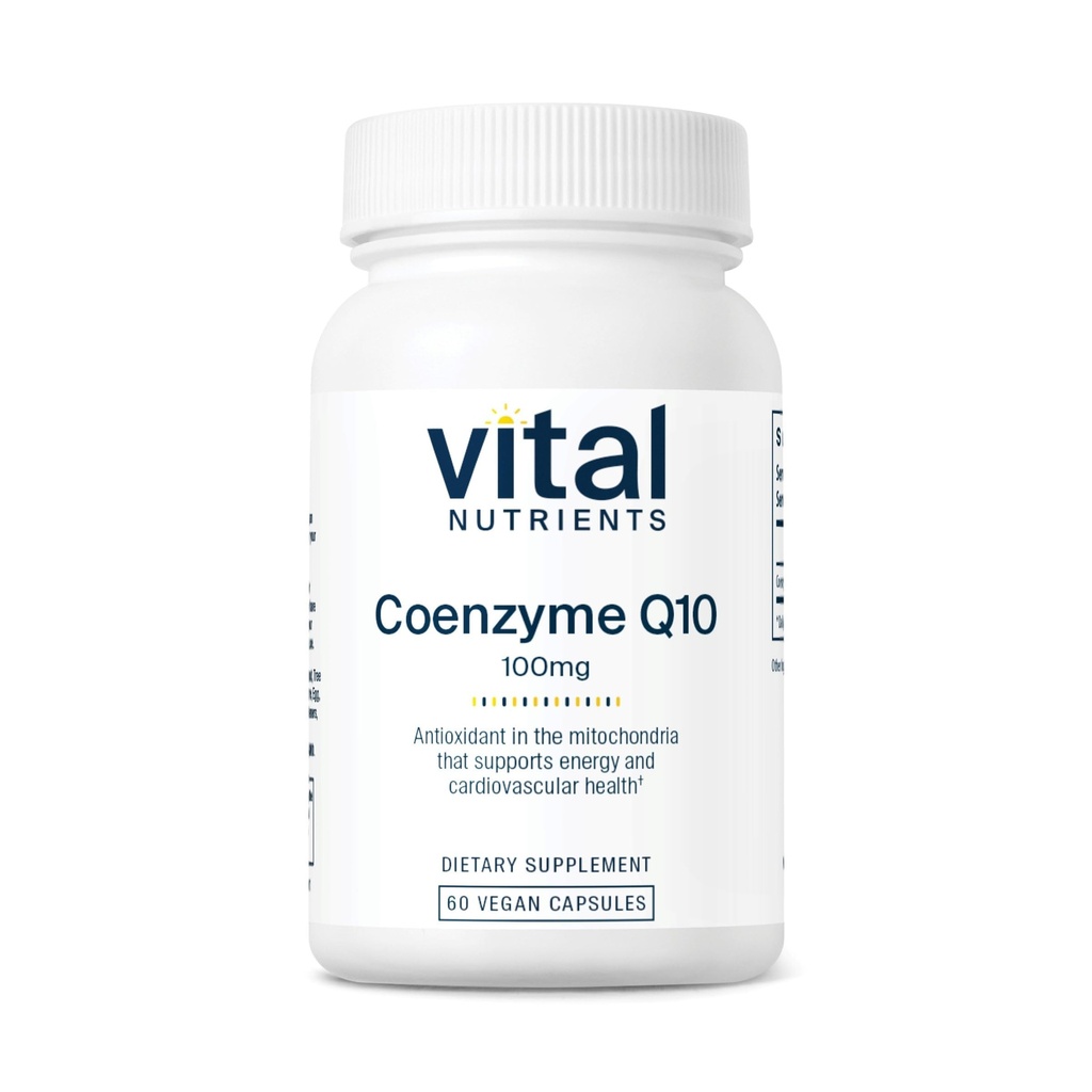 Vital Nutrients CoQ10 100mg | Vegan Supplemento | CoEnzyme Q10 da Ubiquinone | Potente antiossidante per sostenere la salute del cuore e livelli di energia* | Gluten, Dairy e Soy Free | Non-GMO | 60 capsule