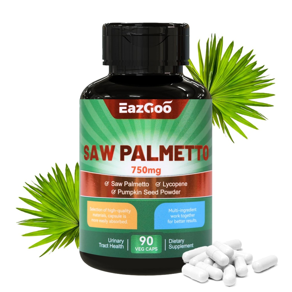 Sega Palmetto Supplemento, Sega Palmetto Extract 750mg, con Lycopene, Polvere di semi di zucca, per uomini e donne, Non OGM & Gluten, Vegan, 90 Conte Capsule