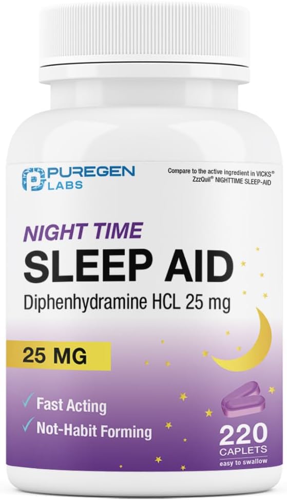 Puregen Labs Caplets Sleep Aid, Diphenhydramine HCl 25mg - 220 Count | Supporta più profondo, sonno riposante, non Habit-Forming | Made in USA